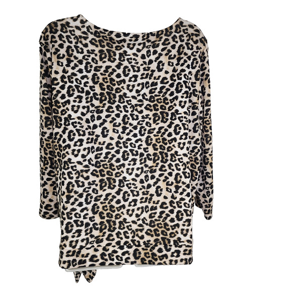 Chico's Womens Top Leopard Print Side Tie Round Neck Knit Size 2 US Large 3/4 Sl - Picture 2 of 11